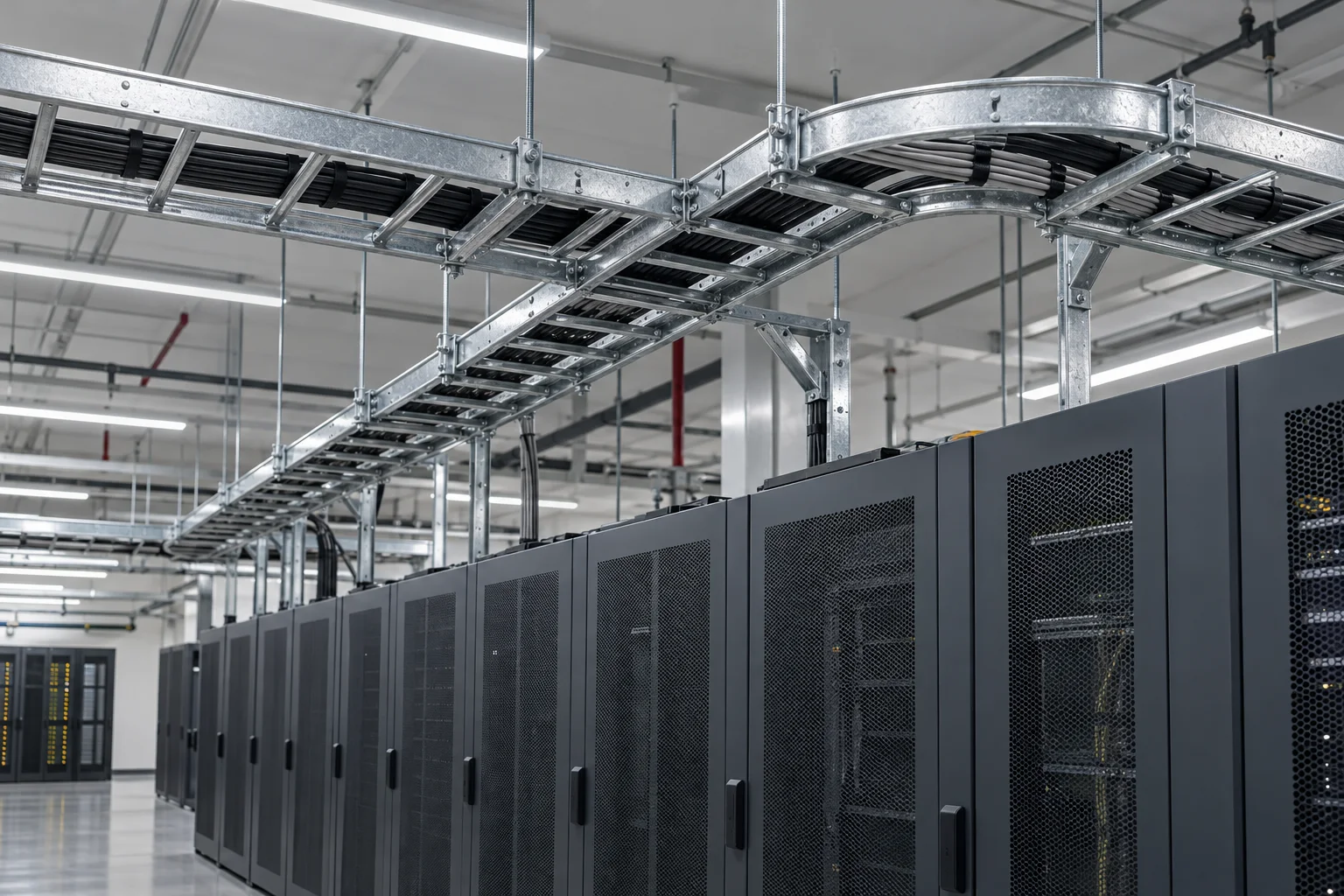 Cable tray supporting organised equipment room pathways