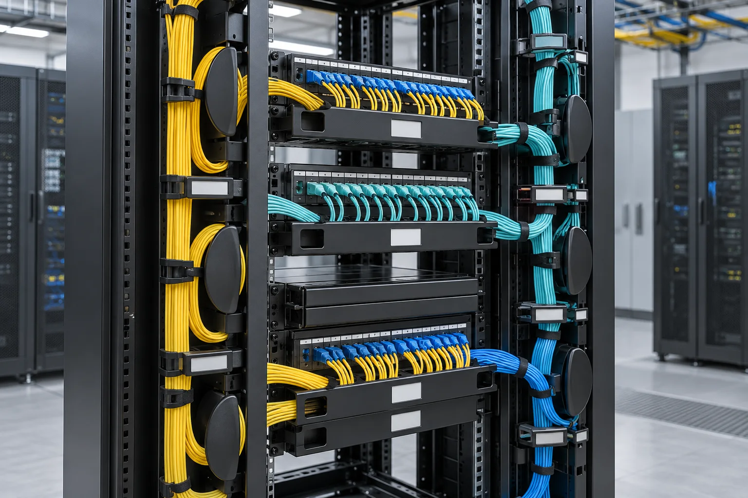 Rack fibre cable management with controlled cable organisation