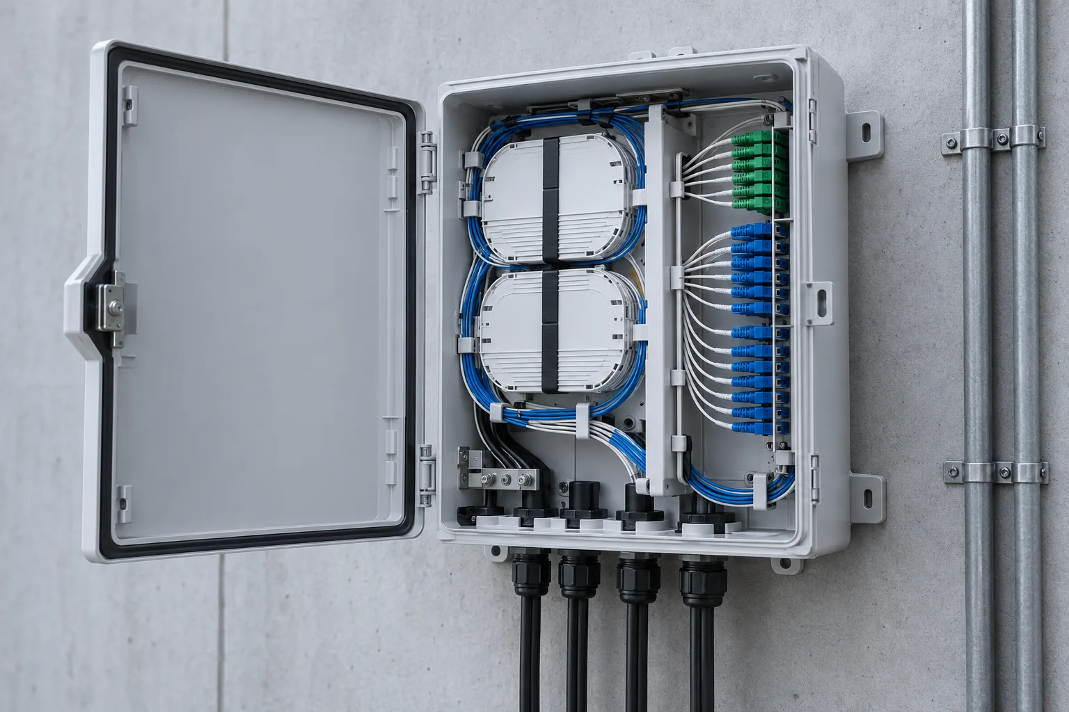 Open fibre distribution box with adapters and splice trays